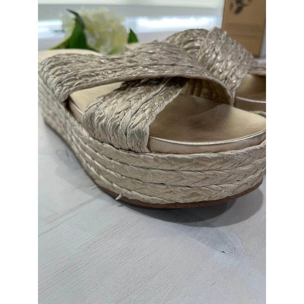 J/Slides NYC Gold Woven Cross Strap Platform Wedge‎ Sandals